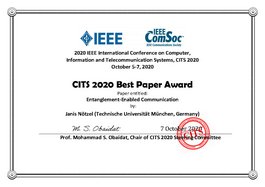 [Translate to en:] Urkunde: CITS 2020 Best Paper Award Janis Nötzel