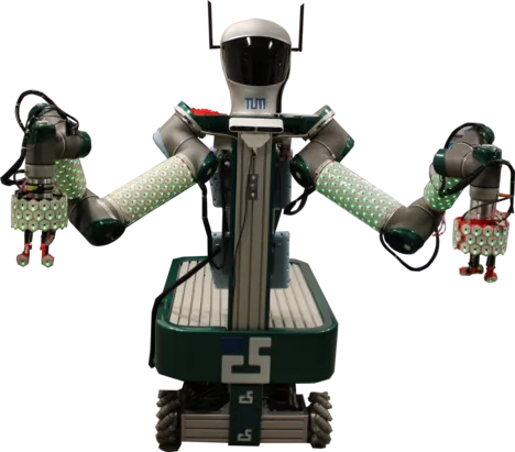 Robot TOMM consists of a mobile base, two industrial arms and is covered with our robot skin.