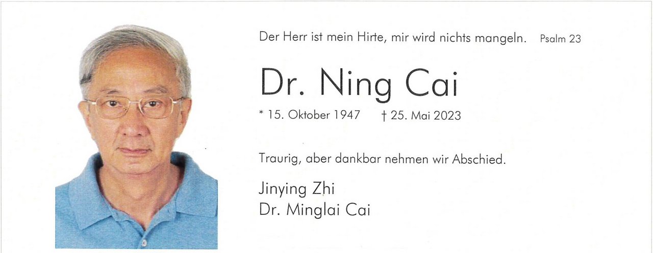 Todesanzeige Dr. Ning Cai
